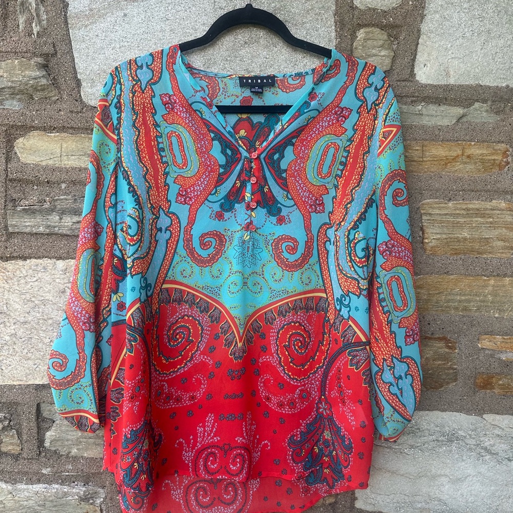 Tribal Women's Vibrant Paisley Blouse - Orange and Teal size M EUC